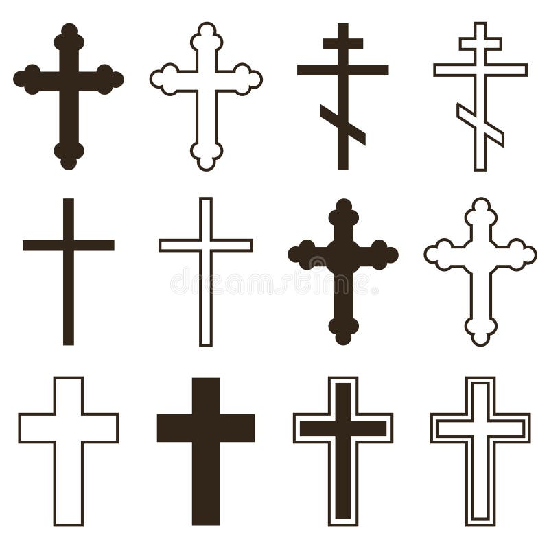 Großer Satz christliche Orthodoxiekreuze in den verschiedenen Arten und Formen lokalisiert auf weißem Hintergrund