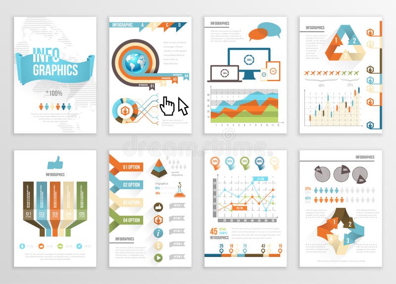 Großer Satz Infographics-Element-Geschäfts-Illustrationen, Flieger, Darstellung Moderne Informations-Grafiken und Social Media-Ve