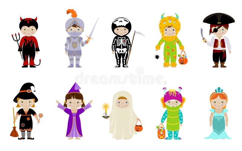 Big collection of cute little kids in halloween costumes of witch, skeleton, devil, ghost, monster, fairy and pirate with halloween accessories like sweets pumpkin bag, broom, spider. Big collection of cute little kids in halloween costumes of witch, skeleton, devil, ghost, monster, fairy and pirate with halloween accessories like sweets pumpkin bag, broom, spider.