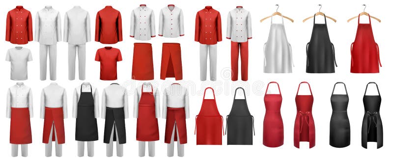 Großer Satz kulinarische weiße und rote Anzüge Kleidung und Schürzen.