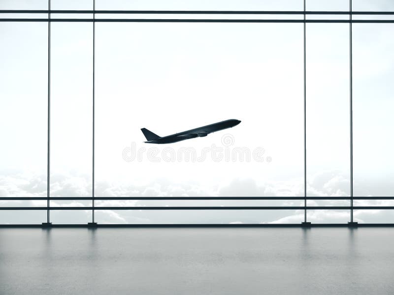 Großer Wartebereich des Flughafens Interieur und Fenster mit Aussicht auf die Landschaft vektor abbildung
