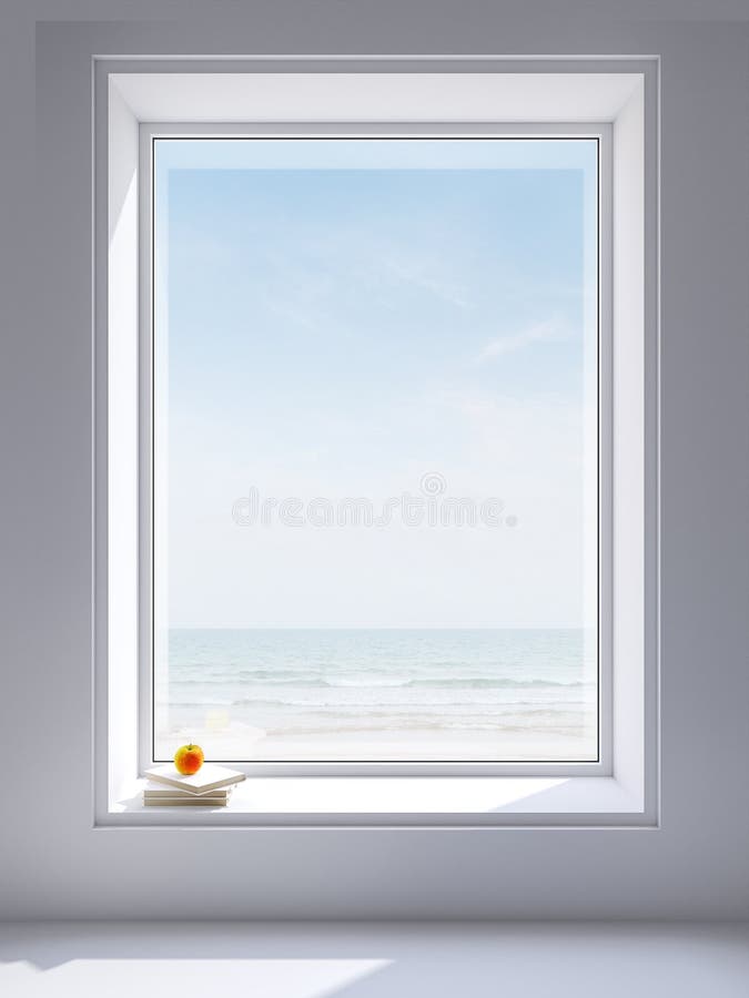 Großer weißer Fensterrahmen mit Seeansicht 3d übertragen vektor abbildung