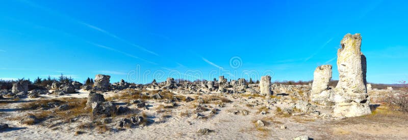 Großes Panorama von Pobiti Kamani, der Steinwald lizenzfreies stockbild Großes Panorama von Pobiti Kamani, der Steinwald lizenzfreies stockbild