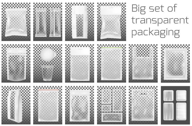 Großes Set Transparentes leeres Kunststoffgehäuse mit Reißverschluss Leeres Folienkissen für Nahrung oder Getränk stock abbildung Großes Set Transparentes leeres Kunststoffgehäuse mit Reißverschluss Leeres Folienkissen für Nahrung oder Getränk stock abbildung
