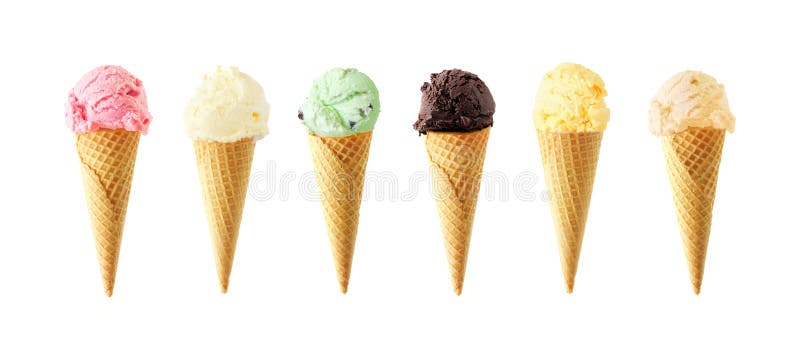 Großes Sortiment von Eistütearomen isoliert auf Weiß lizenzfreies stockbild