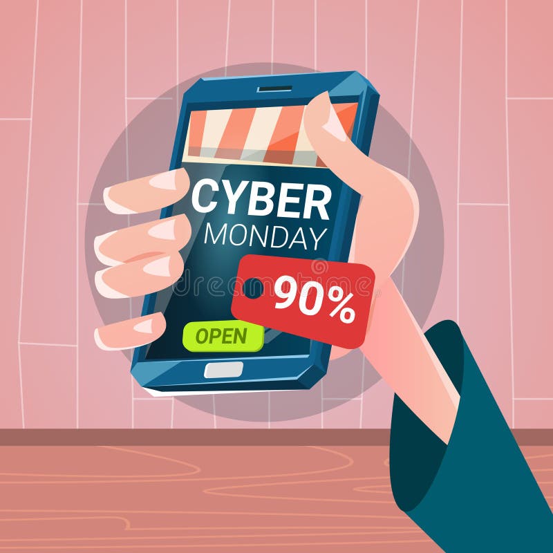Großes Verkaufs-Einkaufen Handgriff-Zellintelligenter Telefon Cyber-Montages lizenzfreie abbildung