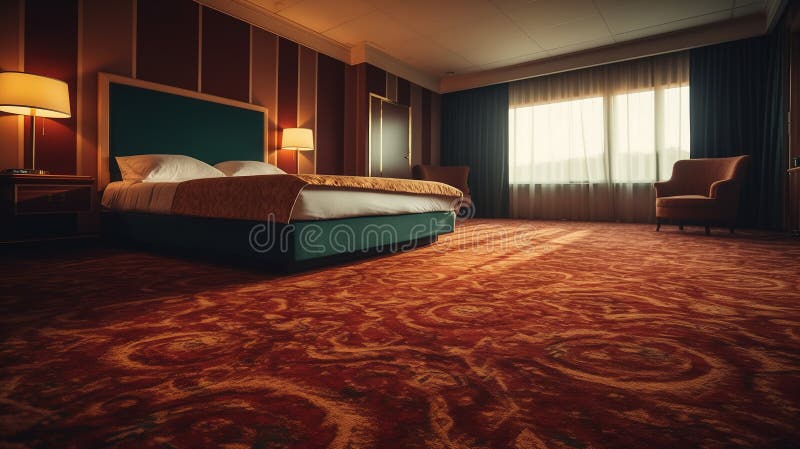 Großes Zimmer in einem traditionellen Hotel mit großem Bett und Teppichboden. Tiefenansicht. generative Hilfe lizenzfreies stockfoto