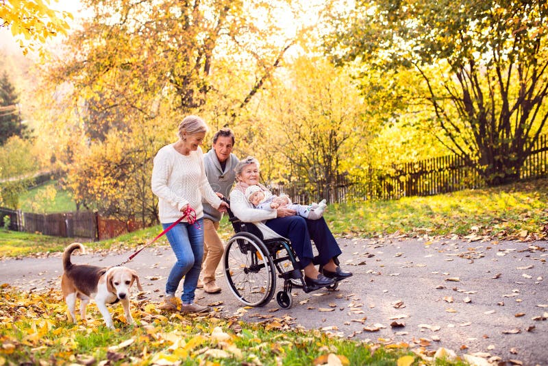 Großfamilie mit Hund auf einem Weg in der Herbstnatur lizenzfreie stockbilder Großfamilie mit Hund auf einem Weg in der Herbstnatur lizenzfreie stockbilder