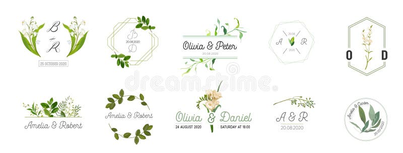 Großer Satz Heiratsmonogrammlogos Sammlung, rustikale und Blumenschablonen des Handgezogenen Aquarells für Einladungskarten spare lizenzfreie abbildung Großer Satz Heiratsmonogrammlogos Sammlung, rustikale und Blumenschablonen des Handgezogenen Aquarells für Einladungskarten spare lizenzfreie abbildung