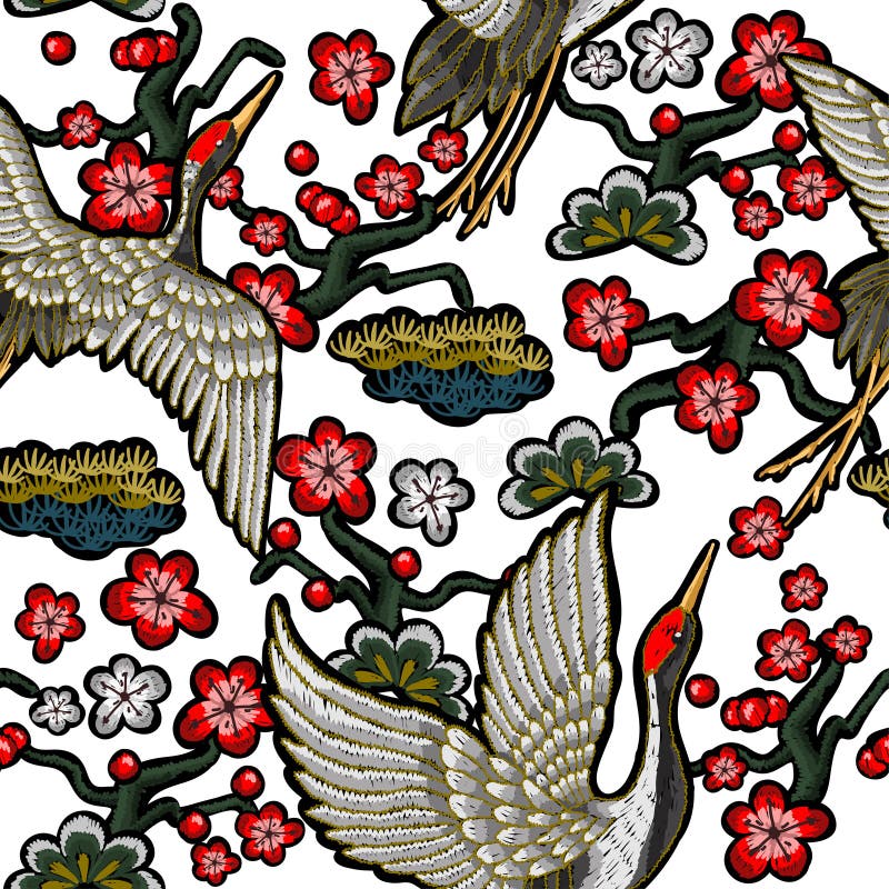 Gru bianche giapponesi con i fiori rossi royalty illustrazione gratis Gru bianche giapponesi con i fiori rossi royalty illustrazione gratis