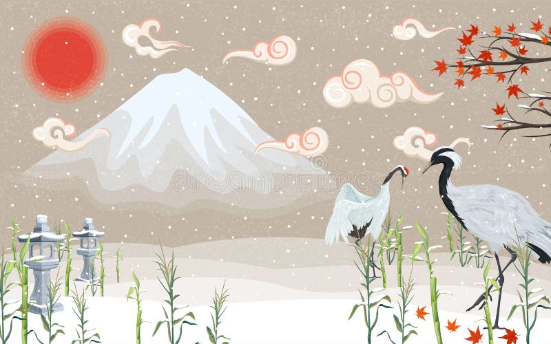 Gru giapponesi al tramonto nell'inverno illustrazione vettoriale Gru giapponesi al tramonto nell'inverno illustrazione vettoriale