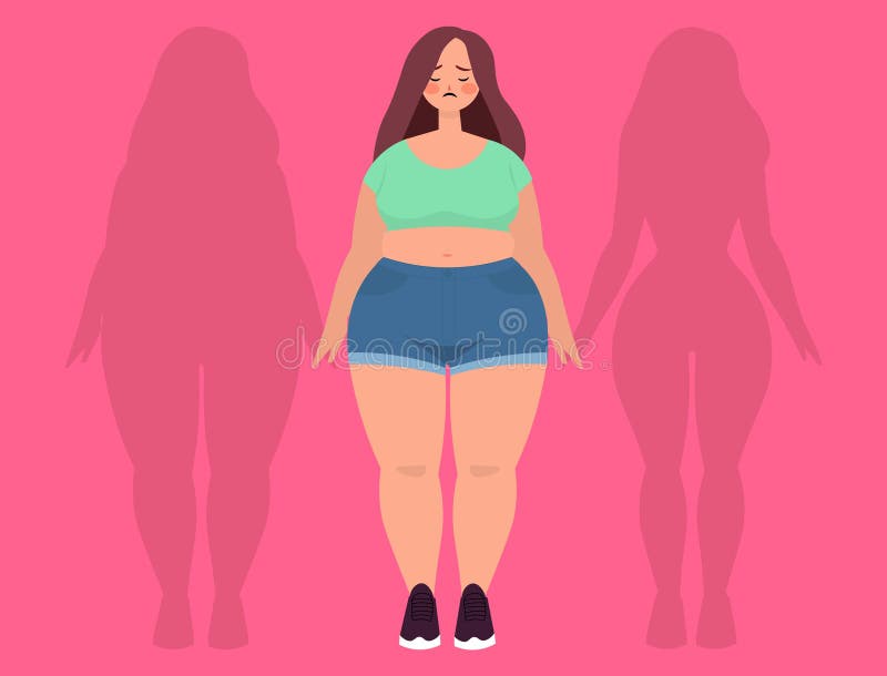 Gruba kobieta z cieniem przed i po cienkim cieniu za plecami ilustracji