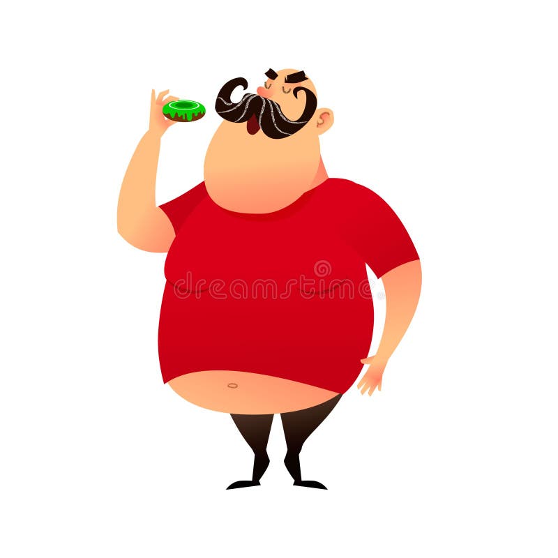 Gruby facet bierze kąsek pączek Śmieszny kreskówki otyłości mężczyzna w koszulce z nagim brzuchem Bufiasty mustachioed duży szczę ilustracji Gruby facet bierze kąsek pączek Śmieszny kreskówki otyłości mężczyzna w koszulce z nagim brzuchem Bufiasty mustachioed duży szczę ilustracji