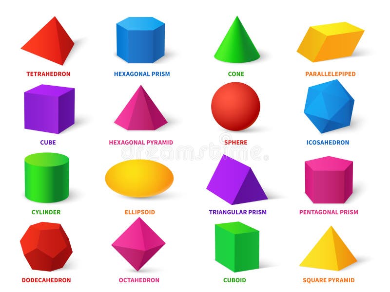 Grundläggande färgformer. realistiska 3d-geometriska former för inlärning av kub och ellipsoid cylinder och sfär koner och pyramid