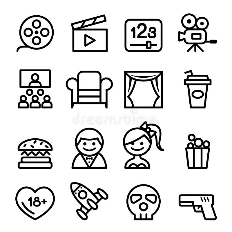 Grundläggande linje symbolsvektorillustration för filmsymbolsuppsättning royaltyfri illustrationer Grundläggande linje symbolsvektorillustration för filmsymbolsuppsättning royaltyfri illustrationer