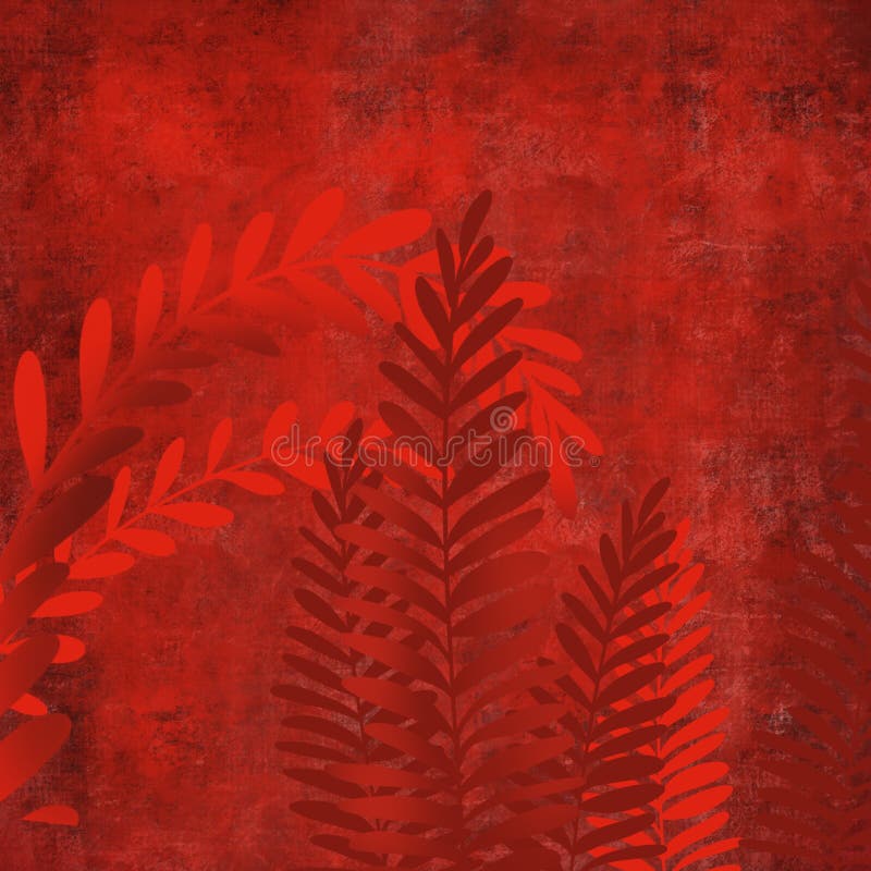 Hand drawn fern art dyed grunge background with Japanese ink antiqued style background in deep red dark edge