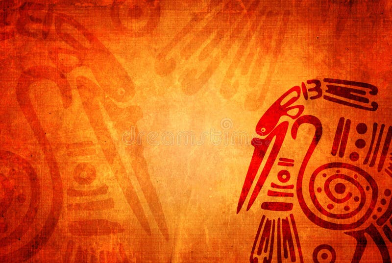 Background with grunge paper texture of orange color and American Indian traditional patterns with heron. Background with grunge paper texture of orange color and American Indian traditional patterns with heron