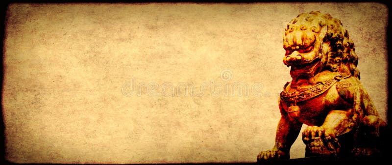 Grunge background with paper texture and chinese lion statue