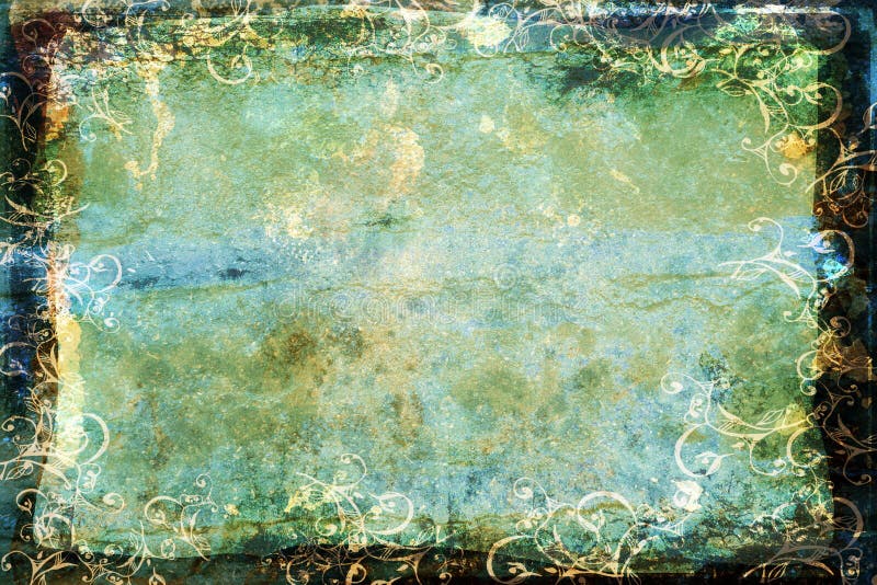 Grunge blue-green background with swirl border