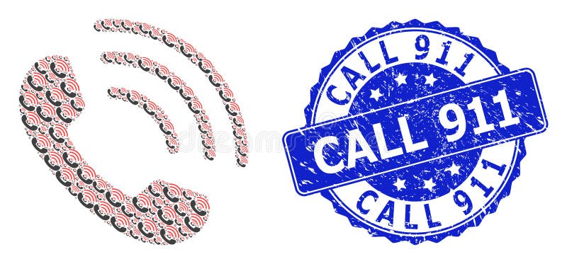 Grunge Call 911 Round Seal and Recursion Phone Call Icon Collage vector illustration
