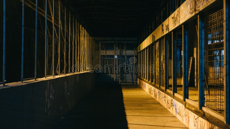 Grunge Dark Dirty Street with wired fence and yellow city lights leaking through sides with night light peaking through the sides.