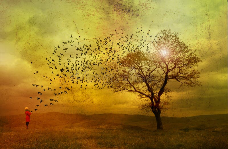 Grunge fantasy dream landscape with birds