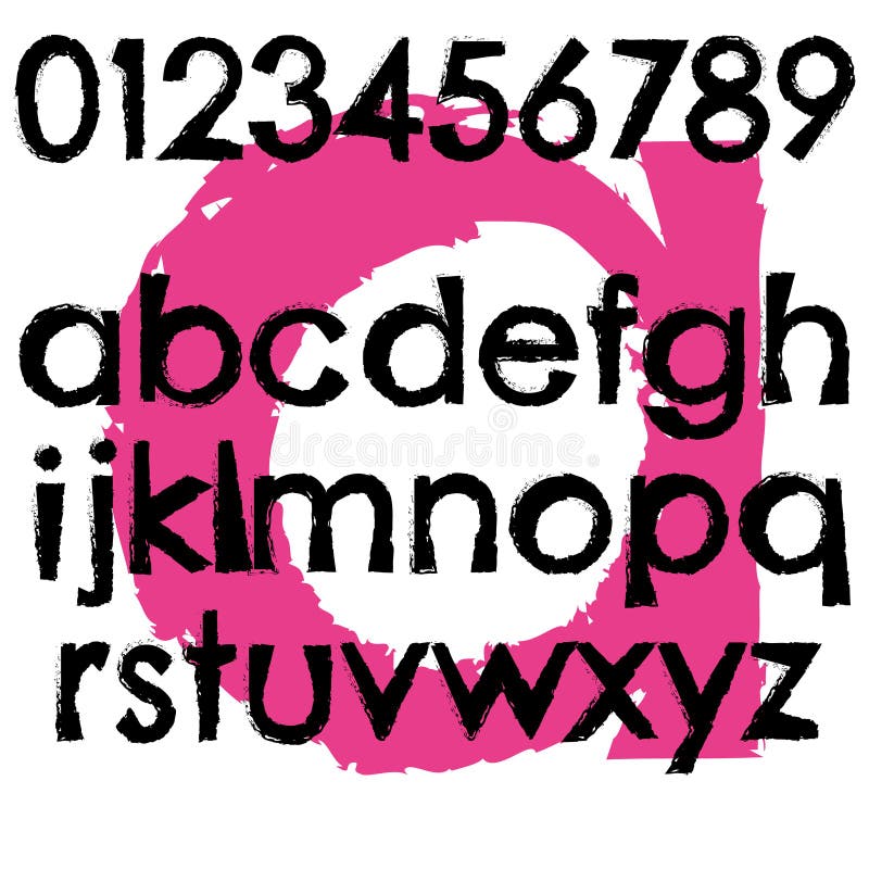 Grunge font full alphabet letter lowercase. Hand drawn brushed letters typeface. Stencil font numbers vectors