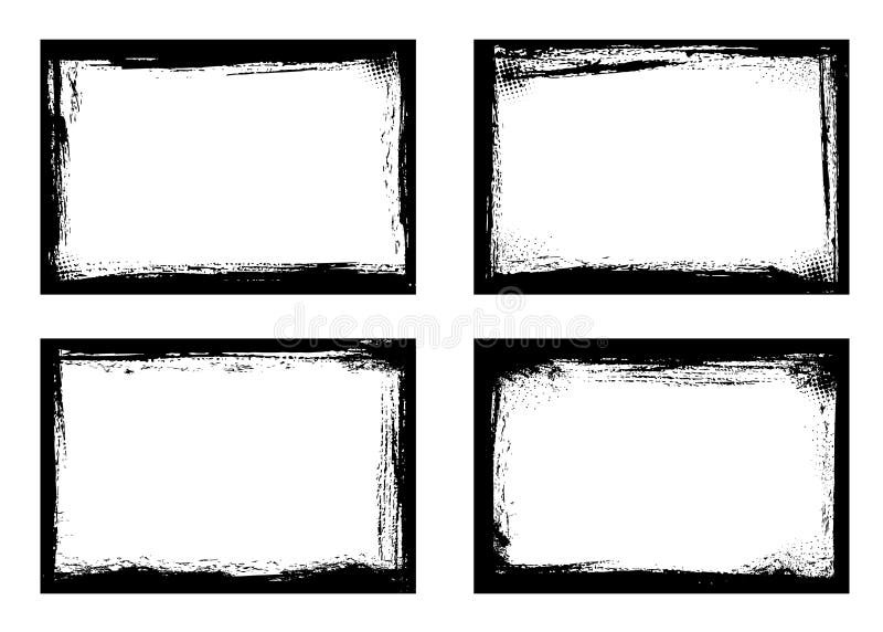 Grunge frames isolated vector black borders set. Grunge frames isolated vector black borders of rectangular shape with scratched rough edges on white background. Grungy old texture, dirty spatter vignettes, retro design elements or photo frames set