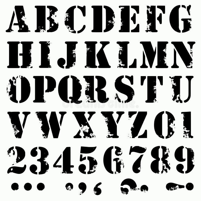 Grunge full alphabet and numbers isolated on white. Stencil font numbers vectors