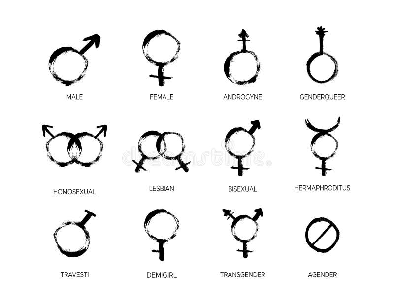 Grunge Gender icon set with different sexual symbols female, male, bisexual...