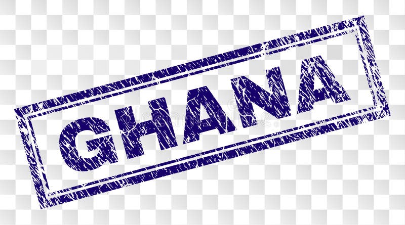 Grunge GHANA prostokąta znaczek. GHANA znaczka foki druk z grunge kopią i stylem obramiał prostokąta kształt Znaczek umieszcza na przejrzystym tle Błękitny wektorowy gumowy druk GHANA etykietka z unclean teksturą