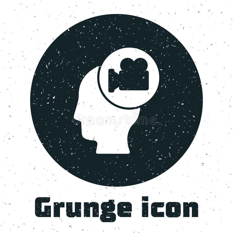 Grunge Head with camera icon isolated on white background. Video camera. Movie sign. Film projector. Monochrome vintage drawing. Vector.