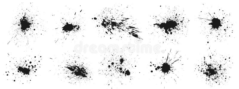 Grunge ink splatter. Splash of paints, spray drops staining and frame with wet paint drop traces vector set