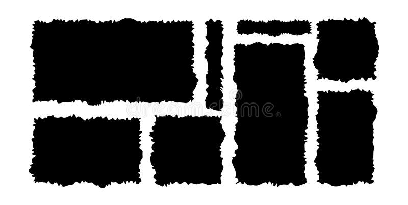 Grunge jagged rectangle shape collection. Black torn paper sheet. Set sticker, collage, banner stock illustration