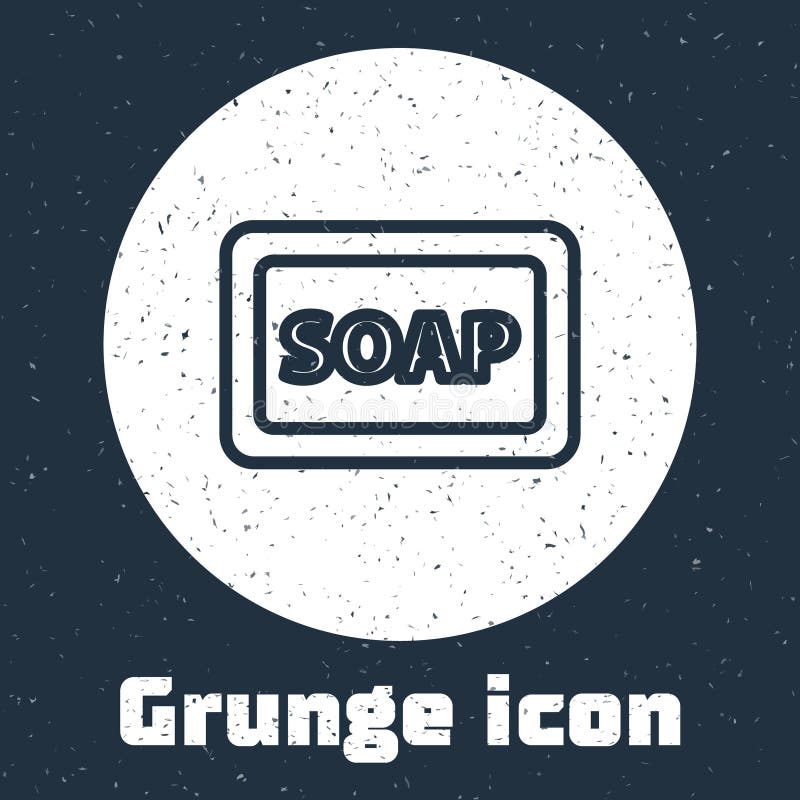 Grunge line Bar of soap with foam icon isolated on grey background. Soap bar with bubbles. Monochrome vintage drawing stock illustration