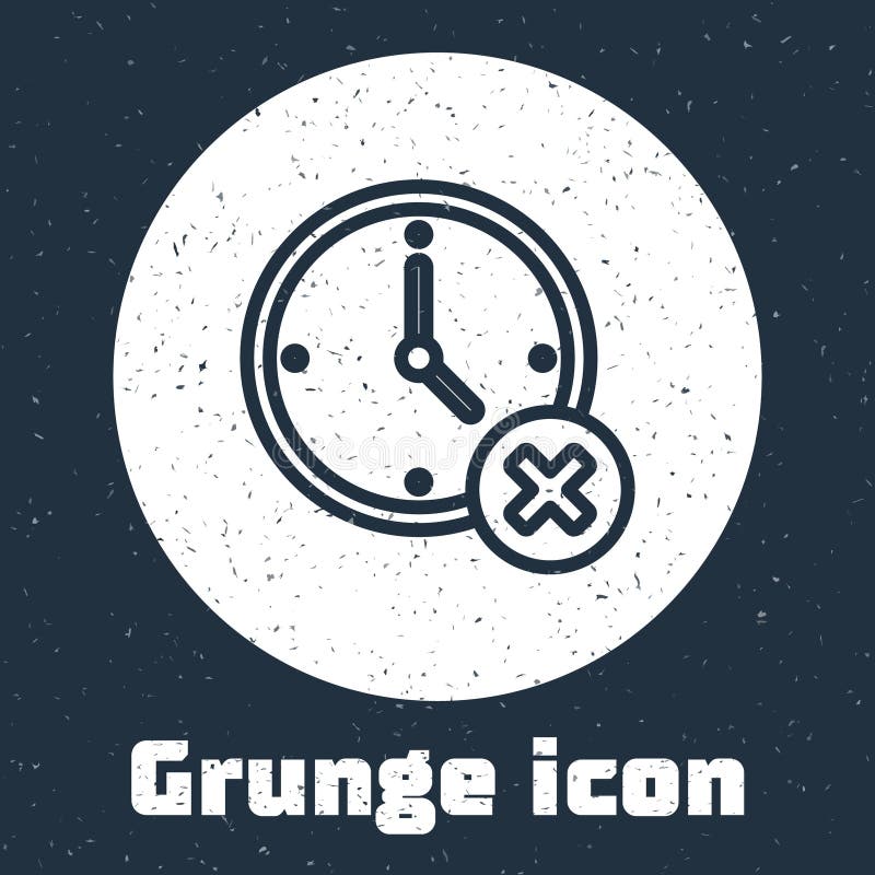 Grunge line Clock delete icon isolated on grey background. Time symbol. Monochrome vintage drawing. Vector royalty free illustration