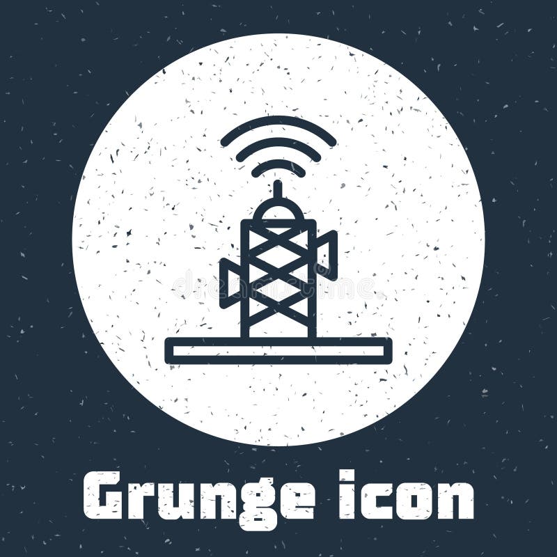 Grunge line Wireless antenna icon isolated on grey background. Technology and network signal radio antenna. Monochrome vector illustration