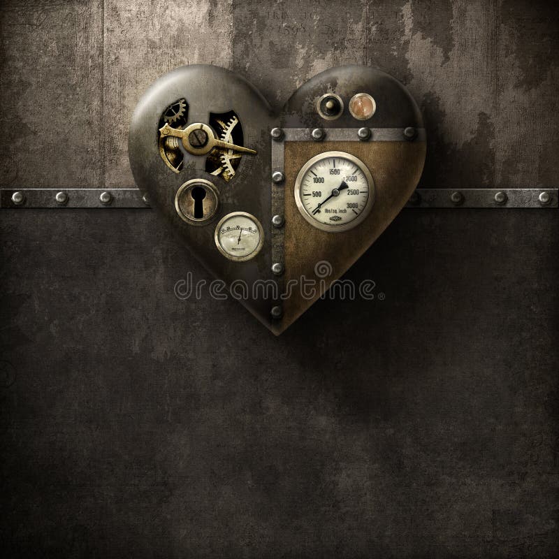 Grunge metal steampunk heart on wood/metal background