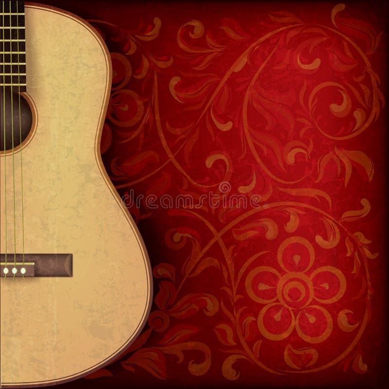 Grunge music background with guitar and floral ornament