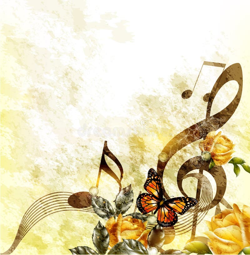 Grunge music romantic background with notes and roses