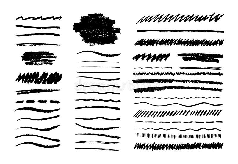 Grunge pencil line. Scribble chalk brush, black doodle graphite art texture, hand drawn sketch elements. Vector grungy vector illustration