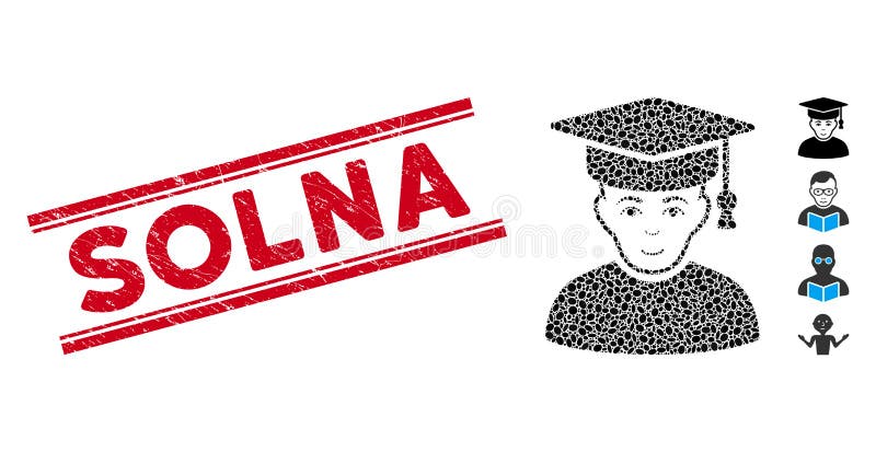 Scratched Solna Line Seal and Mosaic Professor Icon. Grunge red stamp seal with Solna text inside double parallel lines, and mosaic professor icon. Mosaic vector is designed with professor icon and with randomized ellipse items