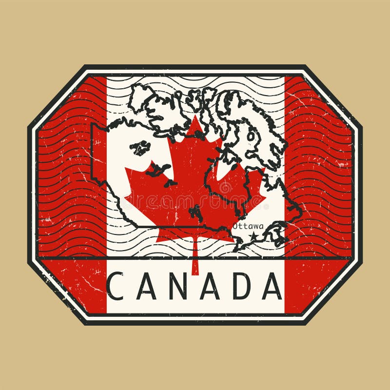 Grunge Rubber Stamp with the Name and Flag, Map of Canada Stock Vector