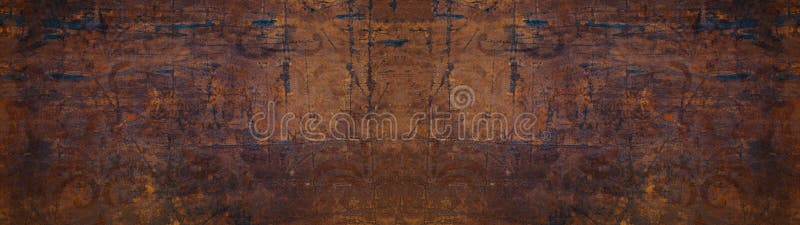 Grunge rusty scratched orange brown metal corten steel stone background texture banner panorama