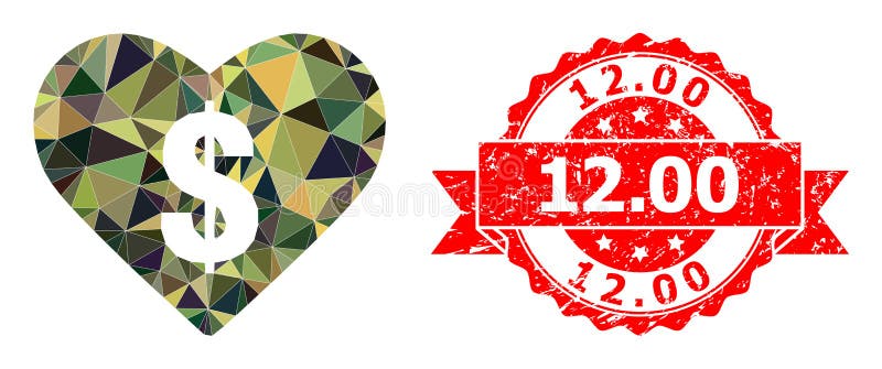 Grunge 12.00 Stamp and Love Price Polygonal Mocaic Military Camouflage Icon