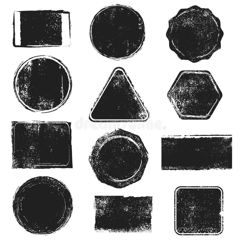 Grunge stamps. Distressed post stamp texture. Round, rectangular, triangular and hexagonal scratched labels. Badge royalty free illustration