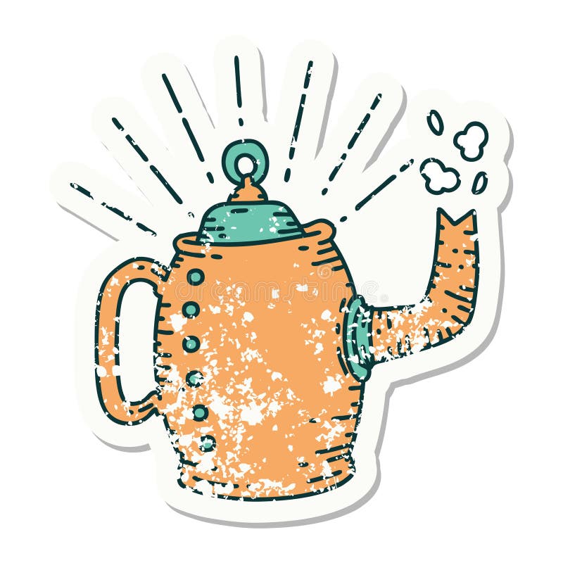 Grunge Sticker of Tattoo Style Old Coffee Pot Steaming Stock Vector