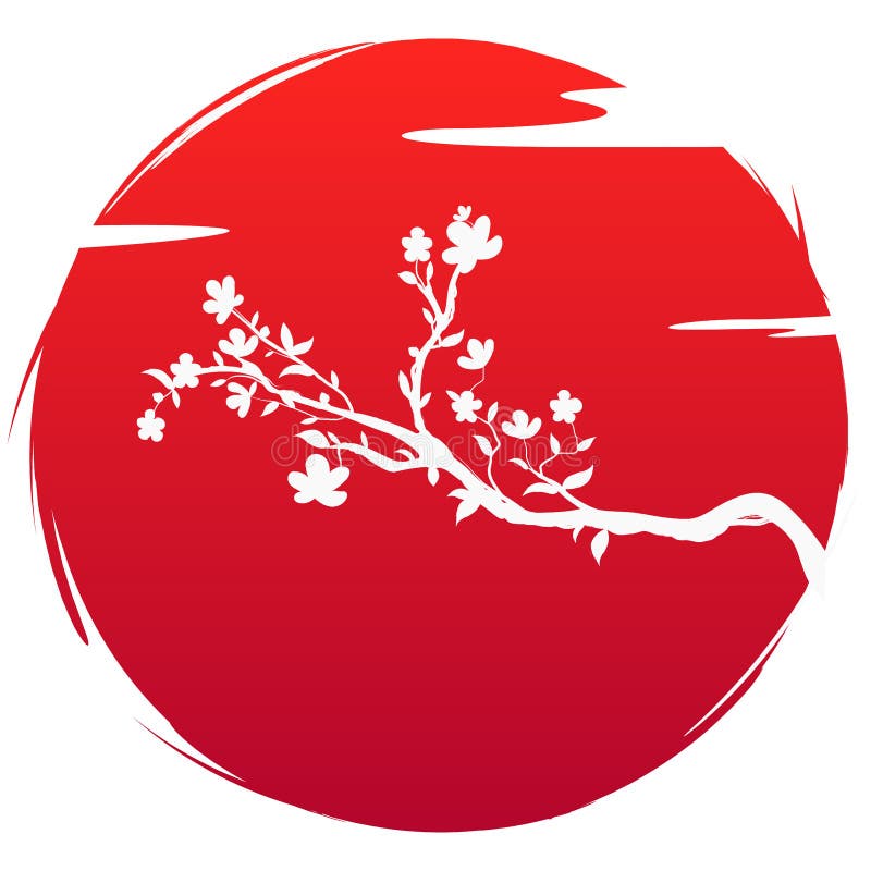 Grunge style flag of Japan icon art. Silhouette blossoms branch sakura flowers and cloud on background red sun. Spring and summer