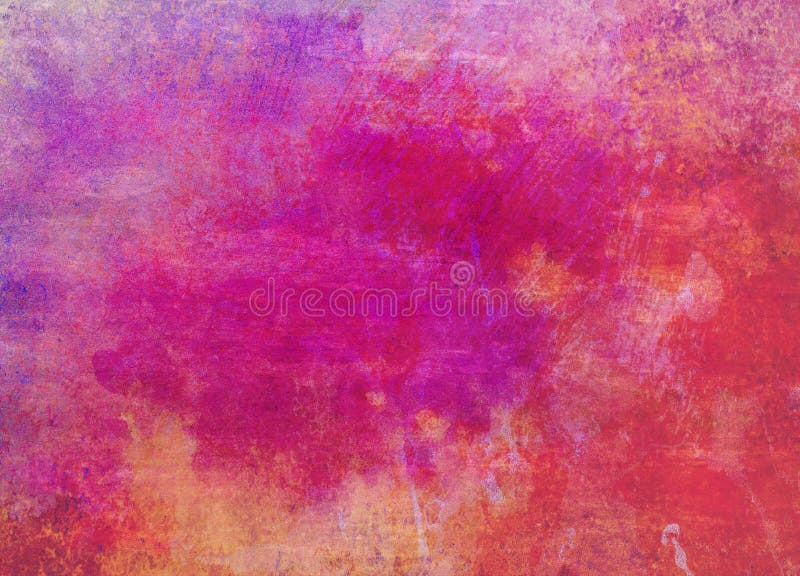 Grunge texture paint splash background in bright purple pink and orange yellow colors, abstract grungy distressed spatter