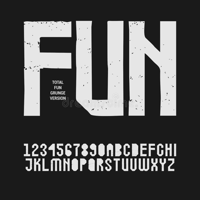 Grunge textured sans serif stencil font in uppercase. Display stamp typeface vector illustration
